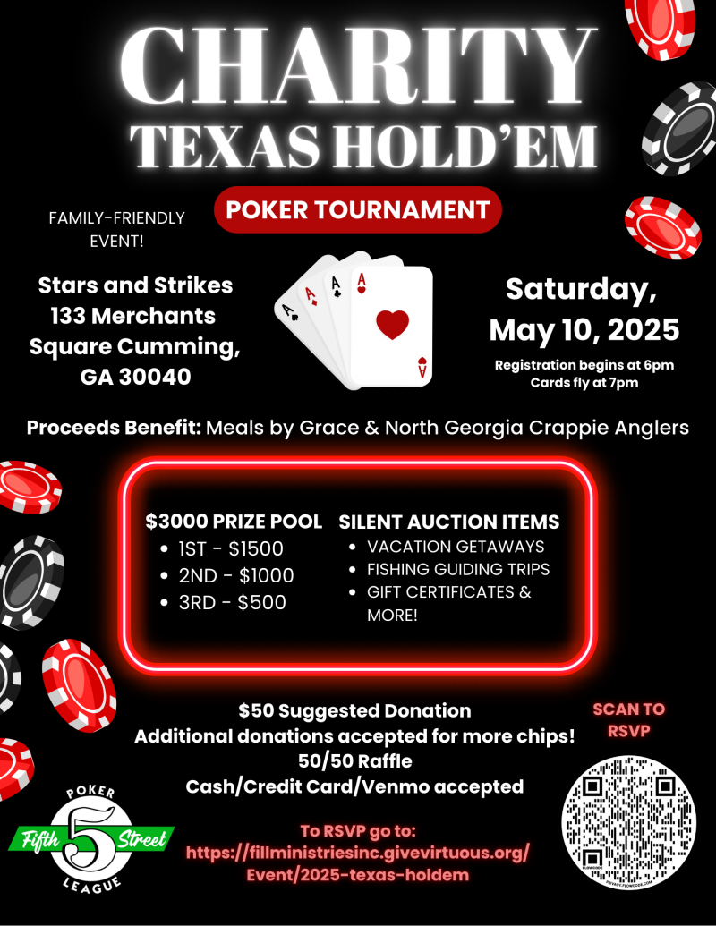 Charity Poker Tournament Benefiting Meals by Grace and North GA Crappie Anglers - Stars and Strikes at 5thstreetpoker.com